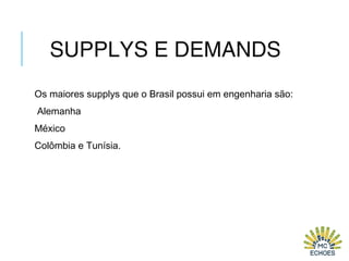 SUPPLYS E DEMANDS
Os maiores supplys que o Brasil possui em engenharia são:
Alemanha
México
Colômbia e Tunísia.
 