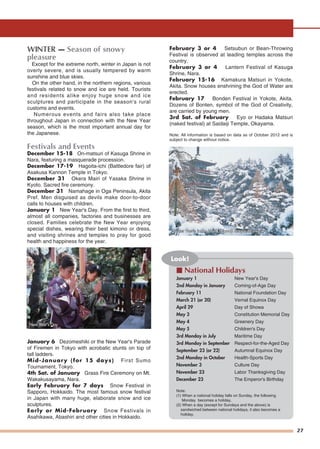 27
WINTER — Season of snowy
pleasure
Except for the extreme north, winter in Japan is not
overly severe, and is usually tempered by warm
sunshine and blue skies.
On the other hand, in the northern regions, various
festivals related to snow and ice are held. Tourists
and residents alike enjoy huge snow and ice
sculptures and participate in the season's rural
customs and events.
Numerous events and fairs also take place
throughout Japan in connection with the New Year
season, which is the most important annual day for
the Japanese.
Festivals and Events
December 15-18 On-matsuri of Kasuga Shrine in
Nara, featuring a masquerade procession.
December 17-19 Hagoita-ichi (Battledore fair) of
Asakusa Kannon Temple in Tokyo.
December 31 Okera Mairi of Yasaka Shrine in
Kyoto. Sacred fire ceremony.
December 31 Namahage in Oga Peninsula, Akita
Pref. Men disguised as devils make door-to-door
calls to houses with children.
January 1 New Year's Day. From the first to third,
almost all companies, factories and businesses are
closed. Families celebrate the New Year enjoying
special dishes, wearing their best kimono or dress,
and visiting shrines and temples to pray for good
health and happiness for the year.
January 6 Dezomeshiki or the New Year's Parade
of Firemen in Tokyo with acrobatic stunts on top of
tall ladders.
Mid-January (for 15 days) First Sumo
Tournament, Tokyo.
4th Sat. of January Grass Fire Ceremony on Mt.
Wakakusayama, Nara.
Early February for 7 days Snow Festival in
Sapporo, Hokkaido. The most famous snow festival
in Japan with many huge, elaborate snow and ice
sculptures.
Early or Mid-February Snow Festivals in
Asahikawa, Abashiri and other cities in Hokkaido.
February 3 or 4 Setsubun or Bean-Throwing
Festival is observed at leading temples across the
country.
February 3 or 4 Lantern Festival of Kasuga
Shrine, Nara.
February 15-16 Kamakura Matsuri in Yokote,
Akita. Snow houses enshrining the God of Water are
erected.
February 17 Bonden Festival in Yokote, Akita.
Dozens of Bonten, symbol of the God of Creativity,
are carried by young men.
3rd Sat. of February Eyo or Hadaka Matsuri
(naked festival) at Saidaiji Temple, Okayama.
Note: All information is based on data as of October 2012 and is
subject to change without notice.
Look!
■ National Holidays
January 1
2nd Monday in January
February 11
March 21 (or 20)
April 29
May 3
May 4
May 5
3rd Monday in July
3rd Monday in September
September 23 (or 22)
2nd Monday in October
November 3
November 23
December 23
Note:
(1) When a national holiday falls on Sunday, the following
Monday becomes a holiday.
(2) When a day (except for Sundays and the above) is
sandwiched between national holidays, it also becomes a
holiday.
New Year's Day
Coming-of-Age Day
National Foundation Day
Vernal Equinox Day
Day of Showa
Constitution Memorial Day
Greenery Day
Children's Day
Maritime Day
Respect-for-the-Aged Day
Autumnal Equinox Day
Health-Sports Day
Culture Day
Labor Thanksgiving Day
The Emperor's Birthday
New YNew Year's Dayear's DayNew Year's Day
Winter Scene in the NorWinter Scene in the North (Rinnoji Tth (Rinnoji Temple, Miyagi)emple, Miyagi)Winter Scene in the North (Rinnoji Temple, Miyagi)
 