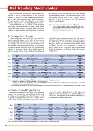 36
Rail Traveling Model Routes
The JR rail network of trunk lines cover all the main
islands of Japan, from Hokkaido in the north to
Kyushu in the south. Local railway lines operating
within their own areas are also well developed.
Traveling the country on safe and comfortable
railways is bound to be an unforgettable experience.
Presented below are four model routes designed
with Japan Rail Pass holders in mind. These model
routes will help foreign travelers, even first-time
visitors, to work out their own itineraries for visiting
the primary tourist destinations in the most efficient
and enjoyable manner. For details of specific tourist
attractions, please refer to the "Explore Japan"
section of this brochure or JNTO's website
(http://www.jnto.go.jp).
(Note) In the following model route schedules, SPX signifies
Shinkansen super express; LEX, limited express; RAP, rapid
train; and LOC, local train. Names in parentheses show points
of transfer. Times provided indicate net times for riding,
excluding time required for transfers, etc.
1. The Very Best of Japan
This model route represents the "very best" of
tourist highlights Japan has to offer. It is brimming
with celebrated destinations, with each and every
one being a true "must." Among the attractions are:
the Hakone-Yumoto hot spring resort in the scenic
Fuji-Hakone-Izu National Park; the two ancient
capitals of Kyoto and Nara; Himeji Castle which is
admired as the "White Heron Castle"; Kurashiki and
its traditional townscape saturated with the flavor of
old Japan; Okayama celebrated for the Korakuen
Garden, one of Japan's three finest gardens;
Miyajima Island, one of the three most scenic places
in Japan; and the city of Hiroshima, a symbol of
world peace. From Hiroshima, you may proceed
further to Kyushu, or to Shikoku via the Shimanami-
kaido route.
37 min.
SPX
45 min.
SPX
SPX
RAP
15 min.
44 min.
RAP
46 min.
LOC
14 min.
LOC
14 min.
LOC
27 min.
LOC
27 min.
Hakone-Tozan LOC
15 min.
Hakone-Tozan LOCTokyo
Hakone-Yumoto
Kyoto
Kyoto Himeji(2hrs.stay)
Nara(4hrs.stay)
Miyajima(2hrs.stay)
Okayama(2hrs.stay)Kurashiki
Miyajimaguchi Miyajimaguchi
(Odawara)
(Odawara)
(Okayama)
Hiroshima
Hiroshima Tokyo
Hakone-Yumoto
Kyoto
Kyoto
Kurashiki
Hiroshima
Hiroshima
55 min.
SPX
SPX
BOAT
(Shin-Osaka)
26 min.
10 min.
BOAT
10 min.
SPX
1 hr. 35 min.
SPX
3 hrs
2 hrs.6 min.
2 hrs.
23 min.
東京
Tokyo
Takayama
Kanazawa
Kanazawa
箱根湯本
高山
金沢
金沢
Hakone-Yumoto
東京
Tokyo
京都
Kyoto
Takayama
Kanazawa
高山
Takayama
高山
金沢
15 min.
35 min.1 hr. 25 min.
1 hr. 55 min.
1 hr. 55 min.
Hakone-Tozan LOC
SPX
LEX
2 hrs. 23 min.
2 hrs. 25 min.
LEX
LEX
LEX
1 hr. 15 min. 2 hrs. 23 min.
SPX
SPX
SPX
LEX
LEX
(名古屋）
(Nagoya)
(名古屋）
(Nagoya)
(小田原）
(Odawara)
(富山）
(Toyama)
(米原）
(Maibara)
(米原）
(Maibara)
(Note) •are private railways where Japan Rail Pass is not honored. Fare is charged separately.
◎indicates the possibility of switching the tour to the Chubu region.
※You can go directly from Hiroshima to Tokyo by "NOZOMI" trains that Japan Rail Pass is not valid, and you must pay the basic fare
and the Limited express charge. It takes 4hrs.
The time shown as required for the Nara stopover is based on the assumption of visiting Nara Park, Kasuga Taisha Shrine and Todaiji Temple.
(Note) •are private railways where Japan Rail Pass is not honored. Fare is charged separately.
2. Chubu (Central Region) Route
Starting from Nagoya on the Pacific side, this route
crosses the mountainous central Japan and arrives
at the Japan Sea coastal region. On the way, you will
be greeted by picturesque mountain scenery which
varies from season to season. Takayama, often
referred to as the "spiritual home of the Japanese,"
and the sublime castle town of Kanazawa are
"musts." If time permits, tour the Noto Peninsula, or
proceed on to Kyoto via Maibara.
 