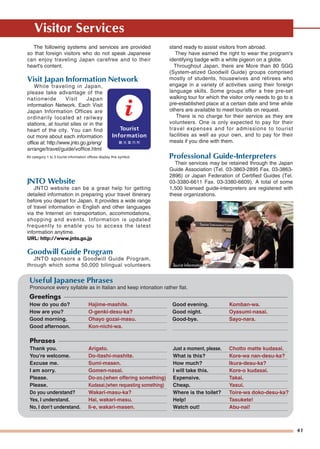 Visitor Services
41
The following systems and services are provided
so that foreign visitors who do not speak Japanese
can enjoy traveling Japan carefree and to their
heart's content.
Visit Japan Information Network
While traveling in Japan,
please take advantage of the
nationwide Visit Japan
information Network. Each Visit
Japan Information Offices are
ordinarily located at railway
stations, at tourist sites or in the
heart of the city. You can find
out more about each information
office at: http://www.jnto.go.jp/eng/
arrange/travel/guide/voffice.html
JNTO Website
JNTO website can be a great help for getting
detailed information in preparing your travel itinerary
before you depart for Japan. It provides a wide range
of travel information in English and other languages
via the Internet on transportation, accommodations,
shopping and events. Information is updated
frequently to enable you to access the latest
information anytime.
URL: http://www.jnto.go.jp
Goodwill Guide Program
JNTO sponsors a Goodwill Guide Program,
through which some 50,000 bilingual volunteers
stand ready to assist visitors from abroad.
They have earned the right to wear the program's
identifying badge with a white pigeon on a globe.
Throughout Japan, there are More than 80 SGG
(System-atized Goodwill Guide) groups comprised
mostly of students, housewives and retirees who
engage in a variety of activities using their foreign
language skills. Some groups offer a free pre-set
walking tour for which the visitor only needs to go to a
pre-established place at a certain date and time while
others are available to meet tourists on request.
There is no charge for their service as they are
volunteers. One is only expected to pay for their
travel expenses and for admissions to tourist
facilities as well as your own, and to pay for their
meals if you dine with them.
Professional Guide-Interpreters
Their services may be retained through the Japan
Guide Association (Tel. 03-3863-2895 Fax. 03-3863-
2896) or Japan Federation of Certified Guides (Tel.
03-3380-6611 Fax. 03-3380-6609). A total of some
1,500 licensed guide-interpreters are registered with
these organizations.
Useful Japanese Phrases
O
Pronounce every syllable as in Italian and keep intonation rather flat.
E
Greetings
How do you do?
How are you?
Good morning.
Good afternoon.
Hajime-mashite.
O-genki-desu-ka?
Ohayo gozai-masu.
Kon-nichi-wa.
Good evening.
Good night.
Good-bye.
Komban-wa.
Oyasumi-nasai.
Sayo-nara.
Phrases
Thank you.
You're welcome.
Excuse me.
I am sorry.
Please.
Please.
Do you understand?
Yes, I understand.
No, I don't understand.
Arigato.
Do-itashi-mashite.
Sumi-masen.
Gomen-nasai.
Do-zo.(when offering something)
Kudasai.(when requesting something)
Wakari-masu-ka?
Hai, wakari-masu.
Ii-e, wakari-masen.
Just a moment, please.
What is this?
How much?
I will take this.
Expensive.
Cheap.
Where is the toilet?
Help!
Watch out!
Chotto matte kudasai.
Kore-wa nan-desu-ka?
Ikura-desu-ka?
Kore-o kudasai.
Takai.
Yasui.
Toire-wa doko-desu-ka?
Tasukete!
Abu-nai!
The Tourist Information Centers (TICs) of the Japan National
T
Tourist Information CenterTourist Information Center
All category 1 to 3 tourist information offices display this symbol.
 