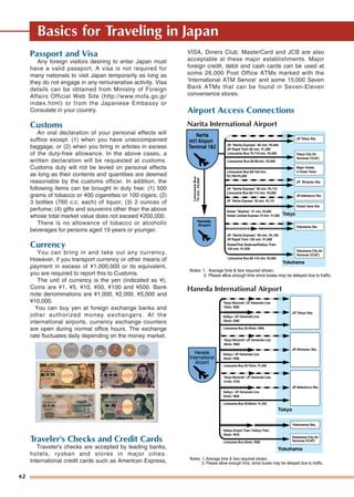 42
Basics for Traveling in Japan
Passport and Visa
Any foreign visitors desiring to enter Japan must
have a valid passport. A visa is not required for
many nationals to visit Japan temporarily as long as
they do not engage in any remunerative activity. Visa
details can be obtained from Ministry of Foreign
Affairs Official Web Site (http://www.mofa.go.jp/
index.html) or from the Japanese Embassy or
Consulate in your country.
Customs
An oral declaration of your personal effects will
suffice except: (1) when you have unaccompanied
baggage; or (2) when you bring in articles in excess
of the duty-free allowance. In the above cases, a
written declaration will be requested at customs.
Customs duty will not be levied on personal effects
as long as their contents and quantities are deemed
reasonable by the customs officer. In addition, the
following items can be brought in duty free: (1) 500
grams of tobacco or 400 cigarettes or 100 cigars; (2)
3 bottles (760 c.c. each) of liquor; (3) 2 ounces of
perfume; (4) gifts and souvenirs other than the above
whose total market value does not exceed ¥200,000.
There is no allowance of tobacco or alcoholic
beverages for persons aged 19 years or younger.
Currency
You can bring in and take out any currency.
However, if you transport currency or other means of
payment in excess of ¥1,000,000 or its equivalent,
you are required to report this to Customs.
The unit of currency is the yen (indicated as ¥).
Coins are ¥1, ¥5, ¥10, ¥50, ¥100 and ¥500. Bank
note denominations are ¥1,000, ¥2,000, ¥5,000 and
¥10,000.
You can buy yen at foreign exchange banks and
other authorized money exchangers. At the
international airports, currency exchange counters
are open during normal office hours. The exchange
rate fluctuates daily depending on the money market.
Traveler's Checks and Credit Cards
Traveler's checks are accepted by leading banks,
hotels, ryokan and stores in major cities.
International credit cards such as American Express,
VISA, Diners Club, MasterCard and JCB are also
acceptable at these major establishments. Major
foreign credit, debit and cash cards can be used at
some 26,000 Post Office ATMs marked with the
'International ATM Servce' and some 15,000 Seven
Bank ATMs that can be found in Seven-Eleven
convenience stores.
Airport Access Connections
Narita International Airport
Haneda International Airport
60-155
75-110
60-90
85-115
1,630
85-110
19
36
41
25 470
30
 