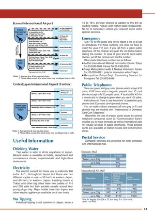 Kansai International Airport
Central Japan International Airport (Centrair)
Useful Information
Drinking Water
Tap water is safe to drink anywhere in Japan.
Mineral water is available at hotels, department and
convenience stores, supermarkets and high-class
restaurants.
Electricity
The electric current for home use is uniformly 100
volts, A.C., throughout Japan but there are two
different cycles in use — 50 hertz in eastern Japan,
and 60 hertz in western Japan. Leading hotels in
Tokyo and other big cities have two outlets of 110
and 220 volts but their sockets usually accept two-
prong plugs only. Major hotels have hair dryers and
other electric appliances available on a loan basis.
No Tipping
Individual tipping is not common in Japan, since a
43
10 to 15% service charge is added to the bill at
leading hotels, ryokan and higher-class restaurants.
No tip is necessary unless you request some extra
special services.
Emergency
Dial 110 for the police and 119 to report a fire or to call
an ambulance. For these numbers, one does not have to
insert the usual ¥10 coin. If you call from a green public
telephone, lift the receiver and push the red button before
dialing the number. In case of gray and IC card public
phones, just lift the receiver and dial the number.
Other useful telephone numbers are as follows:
● AMDA International Medical Information Center Tokyo
Tel.03-5285-8088 Kansai Tel.06-4395-0555
● Tokyo Metropolitan Health & Medical Information Center
Tel. 03-5285-8181 (only for information within Tokyo)
● Metropolitan Police Dept. Counseling Service for
Foreigners Tel. 03-3503-8484
Public Telephones
There are green and gray color phones which accept ¥10
coins, ¥100 coins and a magnetic prepaid card. IC card
phones accept only IC prepaid cards. A local call is ¥10 for
a minute and no change is given when you use ¥100 coins.
Instructions on "How to use the phone" is pasted on gray
phones and IC prepaid card-operated phones.
You can make a direct overseas call from gray or IC card
phones that are marked with "International & Domestic
Card/Coin Telephone."
Meanwhile, the use of prepaid cards issued by several
telephone companies (such as "Communication Card")
enables you to make domestic as well as international calls
on virtually all types of public telephones. These prepaid
cards are available at station kiosks and convenience
stores.
Postal Service
Complete services are provided for both domestic
and international mail.
1,20028
56
80
1,94076
Mie Kotsu Bus 85min. 1,200
2,780
2,070
55-70
50
3,290
Destination
Destination
Asia
Guam
Africa
South America
North/Middle
America
Oceania
Europe
Middle East
All Japan
*Letters, up to 25g ¥80
¥70
¥90
¥90
¥160
¥70
¥90
¥110
¥190
¥70
¥90
¥130
¥230
up to 50g
up to 50g
¥90
Postcards
Postcards
Aerograms
*Letters, up to 25g
¥50
Domestic Mail
International Air Mail
*Rate for Regular Size (14 to 23.5cm long, 9 to 12cm wide,
up to 1cm thick)
 