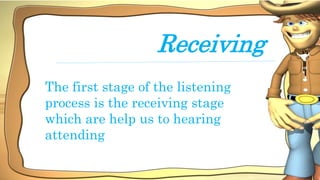 Receiving
The first stage of the listening
process is the receiving stage
which are help us to hearing
attending