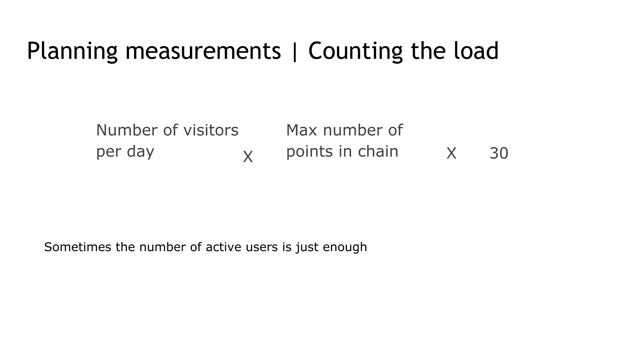 Planning measurements | Counting the load
Number of visitors
per day X
Max number of
points in chain X 30
Sometimes the number of active users is just enough
 