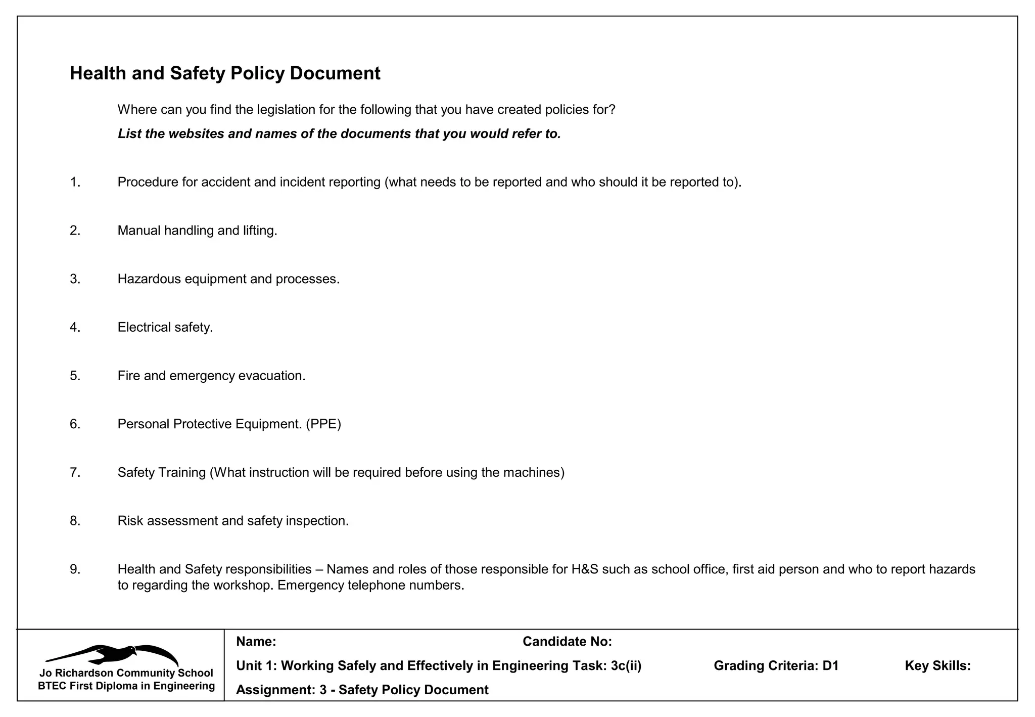 Jo Richardson Community School
BTEC First Diploma in Engineering
Name: Candidate No:
Unit 1: Working Safely and Effectively in Engineering Task: 3c(ii) Grading Criteria: D1 Key Skills:
Assignment: 3 - Safety Policy Document
Health and Safety Policy Document
Where can you find the legislation for the following that you have created policies for?
List the websites and names of the documents that you would refer to.
1. Procedure for accident and incident reporting (what needs to be reported and who should it be reported to).
2. Manual handling and lifting.
3. Hazardous equipment and processes.
4. Electrical safety.
5. Fire and emergency evacuation.
6. Personal Protective Equipment. (PPE)
7. Safety Training (What instruction will be required before using the machines)
8. Risk assessment and safety inspection.
9. Health and Safety responsibilities – Names and roles of those responsible for H&S such as school office, first aid person and who to report hazards
to regarding the workshop. Emergency telephone numbers.
 