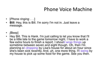 Phone Voice Machine
• [Phone ringing . . .]
• Bill: Hey, this is Bill. I'm sorry I'm not in. Just leave a
  message.

• [Beep]
• Hey Bill. This is Hank. I'm just calling to let you know that I'll
  be a little late to the game tomorrow night. I have to work a
  few extra hours to finish a report. I should wrap things up
  sometime between seven and eight though. Oh, then I'm
  planning on dropping by Lisa's house for about an hour since
  she's been sick recently. And, uh, one more thing. I'll swing by
  my house to pick up some food for the game. See you then.
 