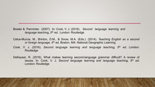 Bowler & Parminter. (2007). In: Cook, V. J. (2016). Second language learning and
language teaching, 5th ed. London: Routledge
Celce-Murcia, M., Brinton, D.M., & Snow, M.A. (Eds.). (2014). Teaching English as a second
or foreign language, 4th ed. Boston, MA: National Geographic Learning
Cook, V. J. (2016). Second language learning and language teaching, 5th ed. London:
Routledge
DeKeyser, R. (2016). What makes learning second-language grammar difficult? A review of
issues. In: Cook, V. J. Second language learning and language teaching, 5th ed.
London: Routledge
 