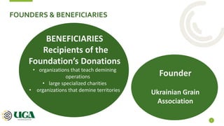 FOUNDERS & BENEFICIARIES
3
BENEFICIARIES
Recipients of the
Foundation’s Donations
• organizations that teach demining
oper...