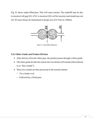 49
Fig. D. shows under-filled pass. This will cause tension. The underfill may be due
to incorrect roll gap (S1). If S1 is incorrect (S2) will be incorrect and strand may not
slit. S2 must always be maintained at design size of 0.7mm to 1.00mm.
5.2.4 Slitter Guide and Product Division
• After delivery from the slitter pass, the product passes through a slitter guide.
• The slitter guide divides the section into two distinct off-rounds (often referred
to as “faux rounds”).
• These two rounds are then processed in the normal manner:
− Via a leader oval.
− Followed by a finish pass.
Figure 60 under-filled slitting pass
 
