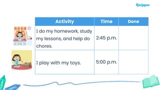 Activity Time Done
I do my homework, study
my lessons, and help do
chores.
2:45 p.m.
I play with my toys. 5:00 p.m.
 