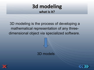 3d modeling what is it? 3D modeling is the process of developing a mathematical representation of any three-dimensional object via specialized software. 3D models