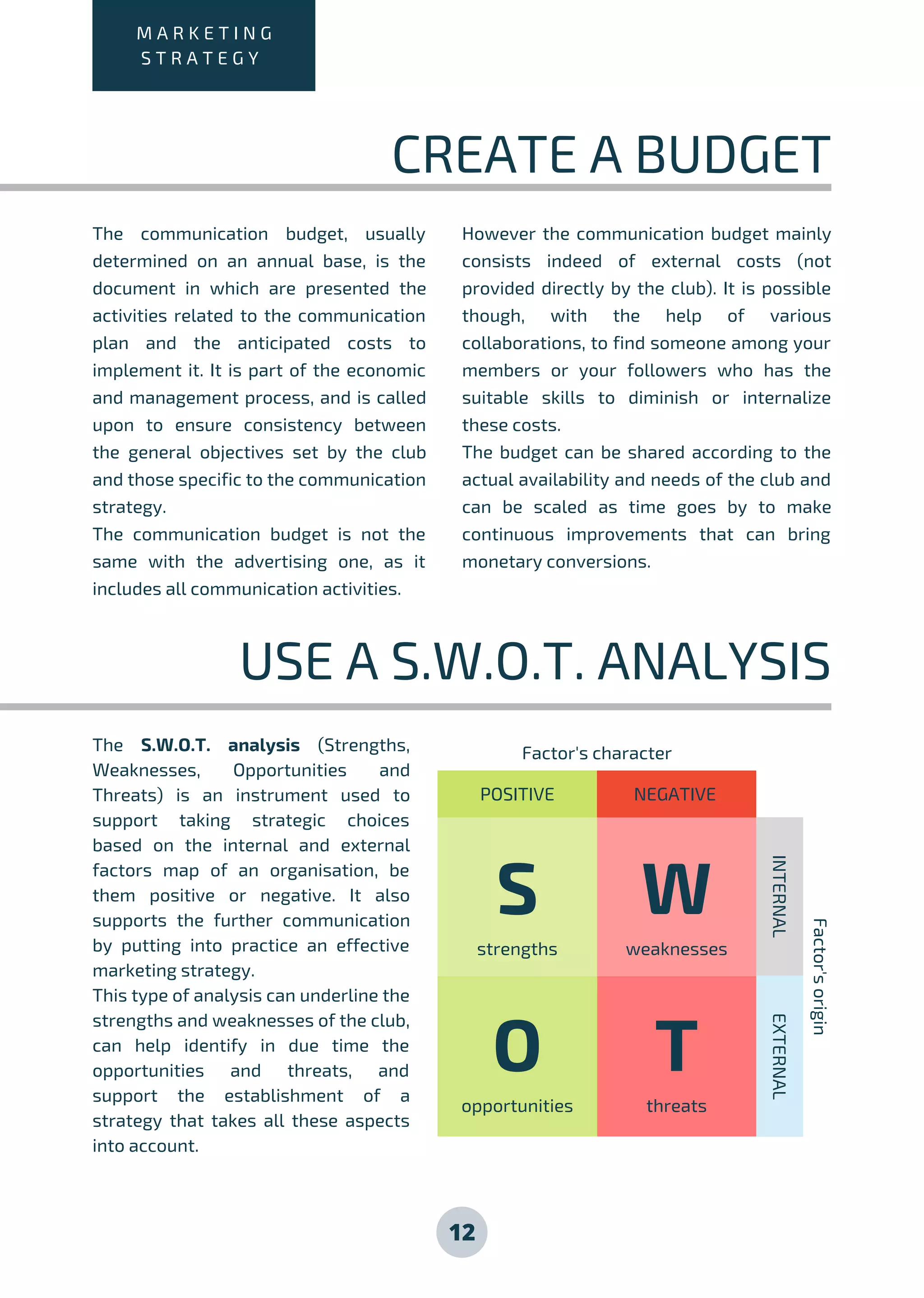 The S.W.O.T. analysis (Strengths,
Weaknesses, Opportunities and
Threats) is an instrument used to
support taking strategic choices
based on the internal and external
factors map of an organisation, be
them positive or negative. It also
supports the further communication
by putting into practice an effective
marketing strategy.
This type of analysis can underline the
strengths and weaknesses of the club,
can help identify in due time the
opportunities and threats, and
support the establishment of a
strategy that takes all these aspects
into account.
12
M A R K E T I N G
S T R A T E G Y
CREATE A BUDGET
The communication budget, usually
determined on an annual base, is the
document in which are presented the
activities related to the communication
plan and the anticipated costs to
implement it. It is part of the economic
and management process, and is called
upon to ensure consistency between
the general objectives set by the club
and those specific to the communication
strategy.
The communication budget is not the
same with the advertising one, as it
includes all communication activities.
However the communication budget mainly
consists indeed of external costs (not
provided directly by the club). It is possible
though, with the help of various
collaborations, to find someone among your
members or your followers who has the
suitable skills to diminish or internalize
these costs.
The budget can be shared according to the
actual availability and needs of the club and
can be scaled as time goes by to make
continuous improvements that can bring
monetary conversions.
USE A S.W.O.T. ANALYSIS
POSITIVE NEGATIVE
EXTERNALINTERNAL
S
strengths
W
weaknesses
O
opportunities
T
threats
Factor's character
Factor'sorigin
 