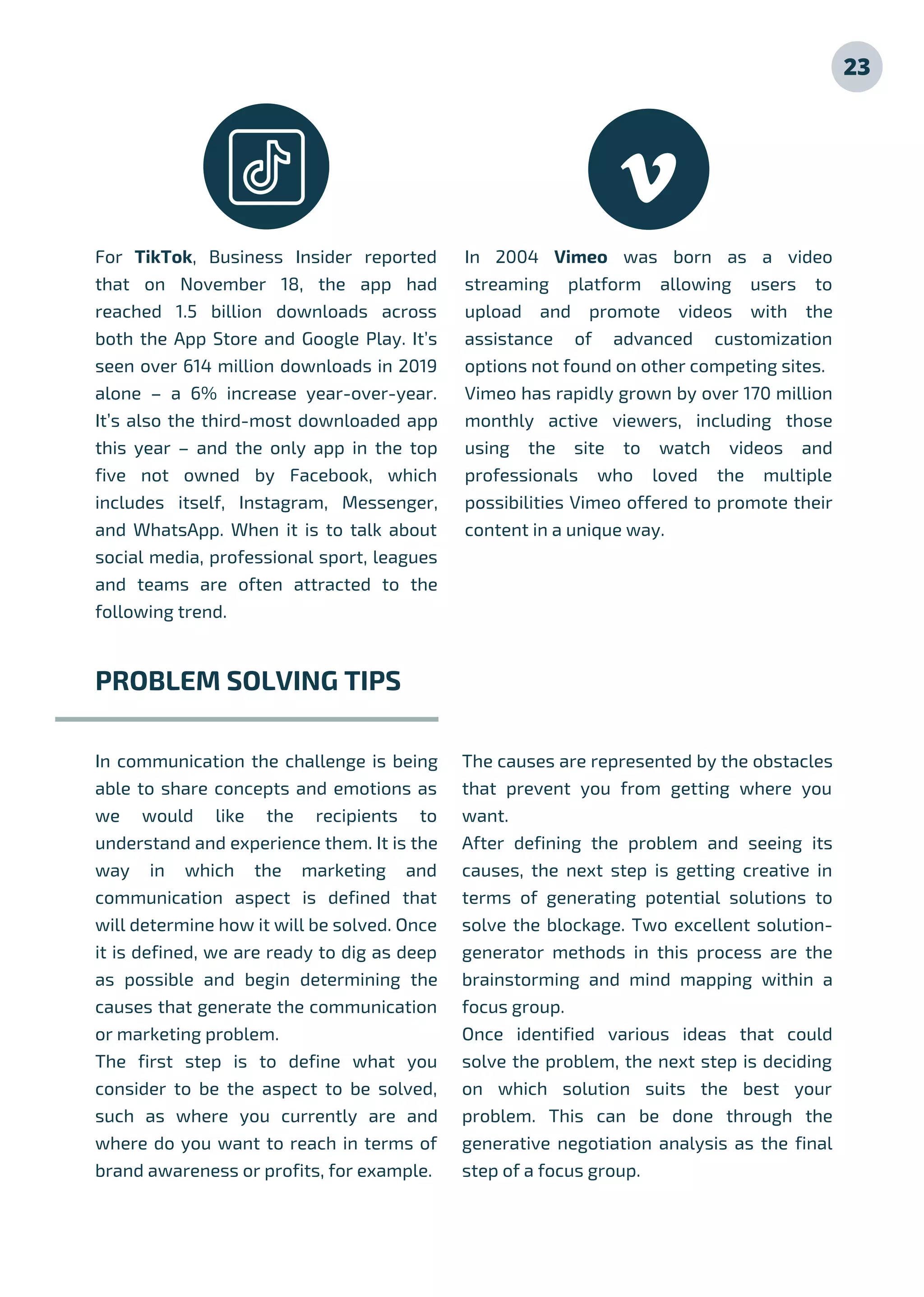 For TikTok, Business Insider reported
that on November 18, the app had
reached 1.5 billion downloads across
both the App Store and Google Play. It’s
seen over 614 million downloads in 2019
alone – a 6% increase year-over-year.
It’s also the third-most downloaded app
this year – and the only app in the top
five not owned by Facebook, which
includes itself, Instagram, Messenger,
and WhatsApp. When it is to talk about
social media, professional sport, leagues
and teams are often attracted to the
following trend.
In 2004 Vimeo was born as a video
streaming platform allowing users to
upload and promote videos with the
assistance of advanced customization
options not found on other competing sites.
Vimeo has rapidly grown by over 170 million
monthly active viewers, including those
using the site to watch videos and
professionals who loved the multiple
possibilities Vimeo offered to promote their
content in a unique way.
In communication the challenge is being
able to share concepts and emotions as
we would like the recipients to
understand and experience them. It is the
way in which the marketing and
communication aspect is defined that
will determine how it will be solved. Once
it is defined, we are ready to dig as deep
as possible and begin determining the
causes that generate the communication
or marketing problem.
The first step is to define what you
consider to be the aspect to be solved,
such as where you currently are and
where do you want to reach in terms of
brand awareness or profits, for example.
PROBLEM SOLVING TIPS
23
The causes are represented by the obstacles
that prevent you from getting where you
want.
After defining the problem and seeing its
causes, the next step is getting creative in
terms of generating potential solutions to
solve the blockage. Two excellent solution-
generator methods in this process are the
brainstorming and mind mapping within a
focus group.
Once identified various ideas that could
solve the problem, the next step is deciding
on which solution suits the best your
problem. This can be done through the
generative negotiation analysis as the final
step of a focus group.
 