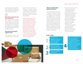 63 |
| Bogota's Foreign Investment Guide
postal service and urgent deliv-
eries, provided their FOB value
does not exceed US $2,000 and
requiring a speedy delivery.
Early import statement and
early resolutions
The customs regime includes
the possibility of submitting
import statements at the most
15-day in advance of the arrival
of the goods. This mechanism
was created in order to facilitate
the imports' delivery within an
average of 48 hours.
How does the exports
regime work?
This mechanism means that
the goods will be leaving the
national customs territory for
delivery to a foreign country.
In addition to those contained
in Decree 1165 of 2019, goods
leaving a free trade zone or a
free deposit will be considered
being exported.
Authorized exporter: The
person having requested
and obtained a favorable
risk rating opinion from the
DIAN. For this, more than
four final export customs
statements should have
been submitted during
the previous year. They
will be able to issue origin
statements or statements
in the invoice, according to
the commercial agreement
of the country the goods
are to be exported to.
What is the Risk Man-
agement System?
This is a mechanism that allows
an effective control by customs
authorities in order to count-
er smuggling and facilitating
international trade. It uses the
information of those participat-
ing in the logistic chain and that
related to payment of and com-
pliance with the tax, customs,
and exchange obligations and
with the economic solvency ob-
ligations applicable to foreign
trade operations. Based on this
system, among others the tax
authority is entitled to:
•	Automatically refund income
and sales tax balances,
according to article 98
of Law 1943 of 2018.
•	Provide a special treatment,
giving to the person the
condition of authorized
exporter or authorized
economic operator.
•	Decide on the obligation
to submit the import
statement in advance.
•	Decide to make
documentary or physical
customs inspections.
•	Issue the customs
clearance authorization.
•	Decide not to authorize
the customs transit.
4
Perform the respective
customs procedures,
including submittal of the
shipping authorization
application, the entry to the
primary zone, the shipment,
the shipping certificate,
and other elements
required for the export.
1
2
3
Process the Tax
Registration document
(RUT), as an exporter,
before any DIAN o
SuperCade office.
Obtain the customs
tariff applicable to the
product to be exported.
Obtain the applicable
authorizations.
Export steps:
 