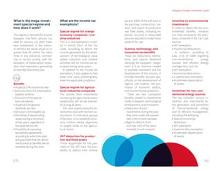 | 70 71 |
| Bogota's Foreign Investment Guide
What is the mega-invest-
ment special regime and 	
how does it work?
Thisregimeisintendedforincome
taxpayers that from January 1st,
2020 to January 1st, 2024 make
new investments in the nation-
al territory for values equal to or
greater than 30 million Tax Value
Units in any industrial, commer-
cial, or service activity, with the
exception of hydrocarbon evalu-
ation and exploration, generating
at least 400 new direct jobs.
Benefits 	
•	A special 27% income tax rate.
•	Exclusion from the presumptive
taxation scheme.
•	Exclusion of the special
tax to dividends.
•	A special 27% general
dividends tax rate.
•	Exclusion of the wealth tax.
•	Possibility of depreciating
assets during a minimum
of two years, regardless of
the asset service life.
•	Possibility of executing
tax stability agreements
according to which the state
will guarantee that the above-
mentioned tax benefits will be
available during this time.
What are the income tax
exemptions?
Special regime for orange
economy companies / cre-
ative industries
This is a new exemption includ-
ed in Article 235-2 of the Tax
Code, according to which the
income generated by the devel-
opment of technological value
added industries and creative
activities will be income tax ex-
empted during seven years.
In addition to the income tax
exemption, it also applies to free
trade zone users, providing they
meet the applicable conditions.
Special regime for agricul-
tural-industrial companies
The income from investments
increasing the agricultural sector
productivity will be tax exempt-
ed during 10 years.
This also applies should a re-
lationship exist with farmers as-
sociations or individual groups
of farmers, or to solidarity econ-
omy entities whose objectives
or targets relate to the agricul-
tural sector.
VAT deduction for produc-
tive real fixed assets
Those responsible for the pay-
ment of the VAT have the pos-
sibility to deduct their income
tax and 100% of the VAT paid in
the purchase, construction, cre-
ation and import of productive
real fixed assets, including ex-
penses incurred in associated
services required to make those
assets fit for use.
Science, technology, and
innovation tax benefits
These are deductions, exemp-
tions, and special treatment
reducing the taxpayers' obliga-
tions. It is an incentive created
to promote investment and the
development of the country. It
includes benefits focused spe-
cifically on the development of
regions, job creation, the pro-
motion of economic sectors,
and environmental protection.
There are two cumulative
benefits related to investments
made in research, technological
development, and innovation:
•	Deduction of such
investments during the year
they were made, the taxable
rate is the income tax base.
•	Right to deduct, from
such tax, 25% of the value
invested in such projects.
Incentive to environmental
investments
In order to obtain the tax envi-
ronmental benefits, investors
can have recourse to the provi-
sions contained in the Tax Code
such as:
•	VAT exemption.
•	Income tax deductions.
In addition, according to
Law 1715 of 2004 regarding
non-conventional energy
sources and efficient energy
management, such as:
•	VAT exemption.
•	Income tax deductions.
•	Customs duty exemption.
•	Accelerated depreciation
of assets.
Incentives for non-con-
ventional energy sources
The law considers various in-
centives and instruments for
the generation and promotion
of non-conventional energy
and its efficient management,
including the following:
•	Special income tax
deduction.
•	VAT exemption.
•	Customs duty exemption.
•	Accelerated depreciation
of assets.
 