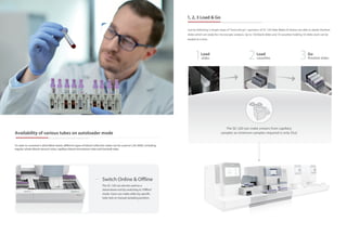 To cater to customers diversified needs, different types of blood collection tubes can be used on CAL 6000, including
regular whole blood vacuum tube, capillary blood microtainer tube and Sarstedt tube.
Availability of various tubes on autoloader mode
The SC-120 can also be used as a
stand-alone unit by switching toOffline
mode. Users can make slides by specific
tube rack or manual sampling position.
Switch Online & Offline
Just by following 3 simple steps of load and go, operators of SC-120 ݺߣ Maker & Stainer are able to obtain finished
slides which are ready for microscopic analysis. Up to 150 blank slides and 10 cassettes holding 10 slides each can be
loaded at a time.
1Load
2Load
?nished slides
slides
Go
3
1, 2, 3 Load & Go
The SC-120 can make smears from capillary
samples as minimum samples required is only 25ul.
 