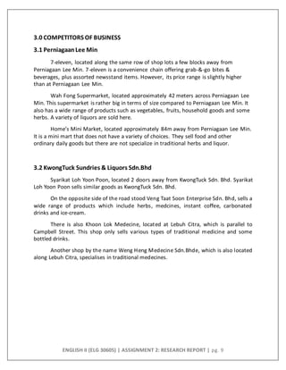 ENGLISH II (ELG 30605) | ASSIGNMENT 2: RESEARCH REPORT | pg. 9
3.0 COMPETITORS OF BUSINESS
3.1 PerniagaanLee Min
7-eleven, located along the same row of shop lots a few blocks away from
Perniagaan Lee Min. 7-eleven is a convenience chain offering grab-&-go bites &
beverages, plus assorted newsstand items. However, its price range is slightly higher
than at Perniagaan Lee Min.
Wah Fong Supermarket, located approximately 42 meters across Perniagaan Lee
Min. This supermarket is rather big in terms of size compared to Perniagaan Lee Min. It
also has a wide range of products such as vegetables, fruits, household goods and some
herbs. A variety of liquors are sold here.
Home’s Mini Market, located approximately 84m away from Perniagaan Lee Min.
It is a mini mart that does not have a variety of choices. They sell food and other
ordinary daily goods but there are not specialize in traditional herbs and liquor.
3.2 KwongTuck Sundries & Liquors Sdn.Bhd
Syarikat Loh Yoon Poon, located 2 doors away from KwongTuck Sdn. Bhd. Syarikat
Loh Yoon Poon sells similar goods as KwongTuck Sdn. Bhd.
On the opposite side of the road stood Veng Taat Soon Enterprise Sdn. Bhd, sells a
wide range of products which include herbs, medcines, instant coffee, carbonated
drinks and ice-cream.
There is also Khoon Lok Medecine, located at Lebuh Citra, which is parallel to
Campbell Street. This shop only sells various types of traditional medicine and some
bottled drinks.
Another shop by the name Weng Heng Medecine Sdn.Bhde, which is also located
along Lebuh Citra, specialises in traditional medecines.
 