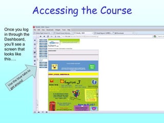 Accessing the CourseOnce you log in through the Dashboard, you’ll see a screen that looks like this….Use the blue tabs to get around