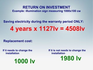 RETURN ON INVESTMENT

Example: illumination sign measuring 1000х100 см

Saving electricity during the warranty period ONLY:

4 years х 1127lv = 4508lv
Replacement cost:
If it needs to change the
installation

1000 lv

If it is not needs to change the
installation

1980 lv

 