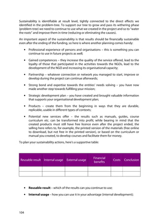 104
Sustainability is identifiable at result level, tightly connected to the direct effects we
identified in the problem-tree. To support our tree to grow and pass its withering phase
(problem-tree) we need to continue to use what we created in the project and so to “water
the roots” and improve them in time (reducing or eliminating the causes).
An important aspect of the sustainability is that results should be financially sustainable
even after the ending of the funding, so here is where another planning comes handy:
• Professional experience of persons and organisations – this is something you can
continue to use in future projects as well;
• Gained competences – they increase the quality of the service offered, lead to the
loyalty of those that participated in the activities towards the NGOs, lead to the
development of the NGO and increasing its organisational capacity;
• Partnership – whatever connection or network you managed to start, improve or
develop during the project can continue afterwards;
• Strong bond and expertise towards the entities’ needs solving – you have now
made another step towards fulfilling your mission;
• Strategic development plan – you have created and brought valuable information
that supports your organisational development plan;
• Products – create them from the beginning in ways that they are durable,
replicable, usable in different types of contexts;
• Potential new services offer – the results such as manuals, guides, course
curriculum etc. can be transformed into profit; while bearing in mind that the
created products must still have free licence even after the project ended, the
selling here refers to, for example, the printed version of the materials (free online
to download, but not free in the printed version), or based on the curriculum or
manual you created, to develop courses and facilitate them for money.
To plan your sustainability actions, here’s a supportive table:
Reusable result Internal usage External usage
Financial
benefits
Costs Conclusion
• Reusable result – which of the results can you continue to use;
• Internal usage – how you can use it in your advantage (internal development);
 