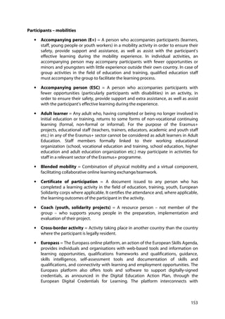 153
Participants – mobilities
• Accompanying person (E+) = A person who accompanies participants (learners,
staff, young people or youth workers) in a mobility activity in order to ensure their
safety, provide support and assistance, as well as assist with the participant’s
effective learning during the mobility experience. In individual activities, an
accompanying person may accompany participants with fewer opportunities or
minors and youngsters with little experience outside their own country. In case of
group activities in the field of education and training, qualified education staff
must accompany the group to facilitate the learning process.
• Accompanying person (ESC) = A person who accompanies participants with
fewer opportunities (particularly participants with disabilities) in an activity, in
order to ensure their safety, provide support and extra assistance, as well as assist
with the participant’s effective learning during the experience.
• Adult learner = Any adult who, having completed or being no longer involved in
initial education or training, returns to some forms of non-vocational continuing
learning (formal, non-formal or informal). For the purpose of the Erasmus+
projects, educational staff (teachers, trainers, educators, academic and youth staff
etc.) in any of the Erasmus+ sector cannot be considered as adult learners in Adult
Education. Staff members formally linked to their working educational
organization (school, vocational education and training, school education, higher
education and adult education organization etc.) may participate in activities for
staff in a relevant sector of the Erasmus+ programme.
• Blended mobility = Combination of physical mobility and a virtual component,
facilitating collaborative online learning exchange/teamwork.
• Certificate of participation = A document issued to any person who has
completed a learning activity in the field of education, training, youth, European
Solidarity corps where applicable. It certifies the attendance and, where applicable,
the learning outcomes of the participant in the activity.
• Coach (youth, solidarity projects) = A resource person – not member of the
group – who supports young people in the preparation, implementation and
evaluation of their project.
• Cross-border activity = Activity taking place in another country than the country
where the participant is legally resident.
• Europass = The Europass online platform, an action of the European Skills Agenda,
provides individuals and organisations with web-based tools and information on
learning opportunities, qualifications frameworks and qualifications, guidance,
skills intelligence, self-assessment tools and documentation of skills and
qualifications, and connectivity with learning and employment opportunities. The
Europass platform also offers tools and software to support digitally-signed
credentials, as announced in the Digital Education Action Plan, through the
European Digital Credentials for Learning. The platform interconnects with
 