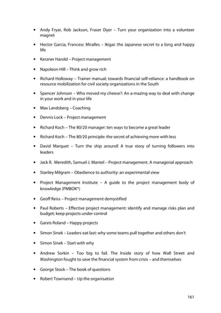 161
• Andy Fryar, Rob Jackson, Fraser Dyer – Turn your organization into a volunteer
magnet
• Hector Garcia, Francesc Miralles – Ikigai: the Japanese secret to a long and happy
life
• Kerzner Harold – Project management
• Napoleon Hill – Think and grow rich
• Richard Holloway – Trainer manual; towards financial self-reliance: a handbook on
resource mobilization for civil society organizations in the South
• Spencer Johnson – Who moved my cheese?: An a-mazing way to deal with change
in your work and in your life
• Max Landsberg – Coaching
• Dennis Lock – Project management
• Richard Koch – The 80/20 manager: ten ways to become a great leader
• Richard Koch – The 80/20 principle: the secret of achieving more with less
• David Marquet – Turn the ship around! A true story of turning followers into
leaders
• Jack R. Meredith, Samuel J. Mantel – Project management. A managerial approach
• Stanley Milgram – Obedience to authority: an experimental view
• Project Management Institute – A guide to the project management body of
knowledge (PMBOK®)
• Geoff Reiss – Project management demystified
• Paul Roberts – Effective project management: identify and manage risks plan and
budget; keep projects under control
• Gareis Roland – Happy projects
• Simon Sinek – Leaders eat last: why some teams pull together and others don't
• Simon Sinek – Start with why
• Andrew Sorkin – Too big to fail. The Inside story of how Wall Street and
Washington fought to save the financial system from crisis – and themselves
• George Stock – The book of questions
• Robert Townsend – Up the organisation
 