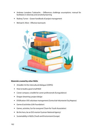 162
• Andreea Loredana Tudorache – Differences challenge assumptions: manual for
facilitators in diversity and sensitivity learning
• Rodney Turner – Gower handbook of project management
• Michael A. West – Effective teamwork
Materials created by other NGOs
• Artoolkit: Art for intercultural dialogue (CEIPES)
• How to build a good small NGO
• Career compass: a toolkit for career professionals (Euroguidance)
• Dragon dreaming: project design
• EVSification: EVS volunteer management (Centrul de Voluntariat Cluj-Napoca)
• Games & activities (Life Foundation)
• Games, activities, fun for everyone! (Team for Youth Association)
• Be the hero, be an EVS mentor! (Latvian National Agency)
• Sustainability in NGOs (Youth and Environment Europe)
 