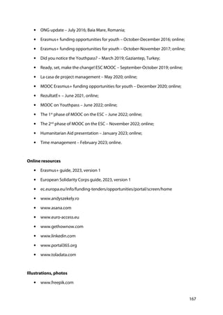 167
• ONG update – July 2016; Baia Mare, Romania;
• Erasmus+ funding opportunities for youth – October-December 2016; online;
• Erasmus+ funding opportunities for youth – October-November 2017; online;
• Did you notice the Youthpass? – March 2019; Gaziantep, Turkey;
• Ready, set, make the change! ESC MOOC – September-October 2019; online;
• La casa de project management – May 2020; online;
• MOOC Erasmus+ funding opportunities for youth – December 2020; online;
• RezultatE+ – June 2021, online;
• MOOC on Youthpass – June 2022; online;
• The 1st
phase of MOOC on the ESC – June 2022; online;
• The 2nd
phase of MOOC on the ESC – November 2022; online;
• Humanitarian Aid presentation – January 2023; online;
• Time management – February 2023; online.
Online resources
• Erasmus+ guide, 2023, version 1
• European Solidarity Corps guide, 2023, version 1
• ec.europa.eu/info/funding-tenders/opportunities/portal/screen/home
• www.andyszekely.ro
• www.asana.com
• www.euro-access.eu
• www.gethownow.com
• www.linkedin.com
• www.portal365.org
• www.toladata.com
Illustrations, photos
• www.freepik.com
 