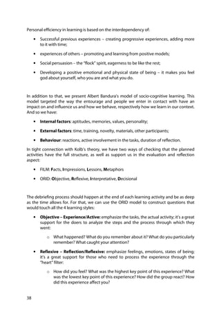 38
Personal efficiency in learning is based on the interdependency of:
• Successful previous experiences – creating progressive experiences, adding more
to it with time;
• experiences of others – promoting and learning from positive models;
• Social persuasion – the “flock” spirit, eagerness to be like the rest;
• Developing a positive emotional and physical state of being – it makes you feel
god about yourself, who you are and what you do.
In addition to that, we present Albert Bandura’s model of socio-cognitive learning. This
model targeted the way the entourage and people we enter in contact with have an
impact on and influence us and how we behave, respectively how we learn in our context.
And so we have:
• Internal factors: aptitudes, memories, values, personality;
• External factors: time, training, novelty, materials, other participants;
• Behaviour: reactions, active involvement in the tasks, duration of reflection.
In tight connection with Kolb’s theory, we have two ways of checking that the planned
activities have the full structure, as well as support us in the evaluation and reflection
aspect:
• FILM: Facts, Impressions, Lessons, Metaphors
• ORID: Objective, Reflexive, Interpretative, Decisional
The debriefing process should happen at the end of each learning activity and be as deep
as the time allows for. For that, we can use the ORID model to construct questions that
would touch all the 4 learning styles:
• Objective – Experience/Active: emphasize the tasks, the actual activity; it’s a great
support for the doers to analyze the steps and the process through which they
went:
o What happened? What do you remember about it? What do you particularly
remember? What caught your attention?
• Reflexive – Reflection/Reflexive: emphasize feelings, emotions, states of being;
it’s a great support for those who need to process the experience through the
“heart” filter:
o How did you feel? What was the highest key point of this experience? What
was the lowest key point of this experience? How did the group react? How
did this experience affect you?
 