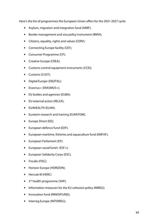 49
Here’s the list of programmes the European Union offers for the 2021-2027 cycle:
• Asylum, migration and integration fund (AMIF);
• Border management and visa policy instrument (BMVI);
• Citizens, equality, rights and values (CERV);
• Connecting Europe facility (CEF);
• Consumer Programme (CP);
• Creative Europe (CREA);
• Customs control equipment instruments (CCEI);
• Customs (CUST);
• Digital Europe (DIGITAL);
• Erasmus+ (ERASMUS+);
• EU bodies and agencies (EUBA);
• EU external action (RELEX);
• EU4HEALTH (EU4H);
• Euratom research and training (EURATOM);
• Europe Direct (ED);
• European defence fund (EDF);
• European maritime, fisheries and aquaculture fund (EMFAF);
• European Parliament (EP);
• European social fund+ (ESF+);
• European Solidarity Corps (ESC);
• Fiscalis (FISC);
• Horizon Europe (HORIZON);
• Hercule III (HERC)
• 3rd
health programme (3HP);
• Information measures for the EU cohesion policy (IMREG);
• Innovation fund (INNOVFUND);
• Interreg Europe (INTERREG);
 