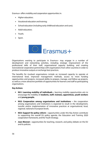 56
Erasmus+ offers mobility and cooperation opportunities in:
• Higher education;
• Vocational education and training;
• School education (including early childhood education and care);
• Adult education;
• Youth;
• Sport.
Organisations wanting to participate in Erasmus+ may engage in a number of
development and networking activities, including strategic improvement of the
professional skills of their staff, organisational capacity building, and creating
transnational cooperative partnerships with organisations from other countries in order to
produce innovative outputs or exchange best practices.
The benefits for involved organisations include an increased capacity to operate at
international level, improved management methods, access to more funding
opportunities and projects, increased ability to prepare, manage, and follow-up projects,
as well as a more attractive portfolio of opportunities for learners and staff at participating
organisations.
Key Actions
• KA1: Learning mobility of individuals – learning mobility opportunities aim to
encourage the mobility of students, staff, trainees, apprentices, youth workers
and young people.
• KA2: Cooperation among organisations and institutions – the cooperation
among organisations and institutions is expected to result in the development,
transfer and/or implementation of innovative practices at organisational, local,
regional, national or European levels.
• KA3: Support for policy reform – opportunities under this Key Action contribute
to supporting the overall EU policy agenda, the Education and Training 2020
cooperation framework, and the Youth Strategy.
• Jean Monnet – opportunities for teaching, research, and policy debate on the EU
and its policies.
 