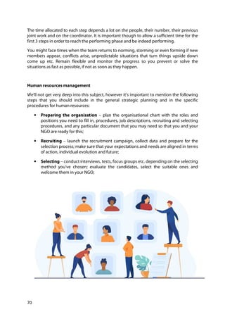 70
The time allocated to each step depends a lot on the people, their number, their previous
joint work and on the coordinator. It is important though to allow a sufficient time for the
first 3 steps in order to reach the performing phase and be indeed performing.
You might face times when the team returns to norming, storming or even forming if new
members appear, conflicts arise, unpredictable situations that turn things upside down
come up etc. Remain flexible and monitor the progress so you prevent or solve the
situations as fast as possible, if not as soon as they happen.
Human resources management
We’ll not get very deep into this subject, however it’s important to mention the following
steps that you should include in the general strategic planning and in the specific
procedures for human resources:
• Preparing the organisation – plan the organisational chart with the roles and
positions you need to fill in, procedures, job descriptions, recruiting and selecting
procedures, and any particular document that you may need so that you and your
NGO are ready for this;
• Recruiting – launch the recruitment campaign, collect data and prepare for the
selection process; make sure that your expectations and needs are aligned in terms
of action, individual evolution and future;
• Selecting – conduct interviews, tests, focus groups etc. depending on the selecting
method you’ve chosen; evaluate the candidates, select the suitable ones and
welcome them in your NGO;
 