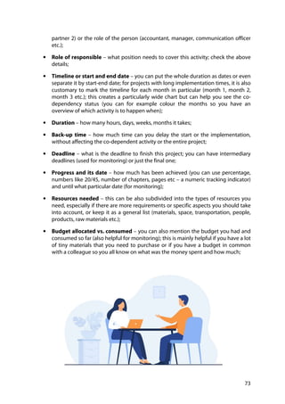73
partner 2) or the role of the person (accountant, manager, communication officer
etc.);
• Role of responsible – what position needs to cover this activity; check the above
details;
• Timeline or start and end date – you can put the whole duration as dates or even
separate it by start-end date; for projects with long implementation times, it is also
customary to mark the timeline for each month in particular (month 1, month 2,
month 3 etc.); this creates a particularly wide chart but can help you see the co-
dependency status (you can for example colour the months so you have an
overview of which activity is to happen when);
• Duration – how many hours, days, weeks, months it takes;
• Back-up time – how much time can you delay the start or the implementation,
without affecting the co-dependent activity or the entire project;
• Deadline – what is the deadline to finish this project; you can have intermediary
deadlines (used for monitoring) or just the final one;
• Progress and its date – how much has been achieved (you can use percentage,
numbers like 20/45, number of chapters, pages etc – a numeric tracking indicator)
and until what particular date (for monitoring);
• Resources needed – this can be also subdivided into the types of resources you
need, especially if there are more requirements or specific aspects you should take
into account, or keep it as a general list (materials, space, transportation, people,
products, raw materials etc.);
• Budget allocated vs. consumed – you can also mention the budget you had and
consumed so far (also helpful for monitoring); this is mainly helpful if you have a lot
of tiny materials that you need to purchase or if you have a budget in common
with a colleague so you all know on what was the money spent and how much;
 