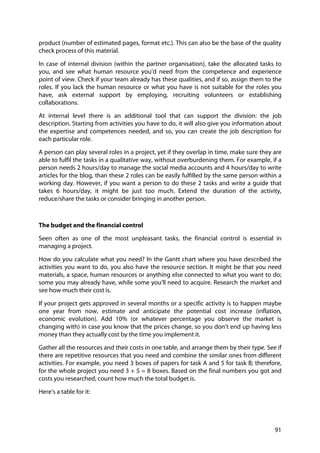 91
product (number of estimated pages, format etc.). This can also be the base of the quality
check process of this material.
In case of internal division (within the partner organisation), take the allocated tasks to
you, and see what human resource you’d need from the competence and experience
point of view. Check if your team already has these qualities, and if so, assign them to the
roles. If you lack the human resource or what you have is not suitable for the roles you
have, ask external support by employing, recruiting volunteers or establishing
collaborations.
At internal level there is an additional tool that can support the division: the job
description. Starting from activities you have to do, it will also give you information about
the expertise and competences needed, and so, you can create the job description for
each particular role.
A person can play several roles in a project, yet if they overlap in time, make sure they are
able to fulfil the tasks in a qualitative way, without overburdening them. For example, if a
person needs 2 hours/day to manage the social media accounts and 4 hours/day to write
articles for the blog, than these 2 roles can be easily fulfilled by the same person within a
working day. However, if you want a person to do these 2 tasks and write a guide that
takes 6 hours/day, it might be just too much. Extend the duration of the activity,
reduce/share the tasks or consider bringing in another person.
The budget and the financial control
Seen often as one of the most unpleasant tasks, the financial control is essential in
managing a project.
How do you calculate what you need? In the Gantt chart where you have described the
activities you want to do, you also have the resource section. It might be that you need
materials, a space, human resources or anything else connected to what you want to do;
some you may already have, while some you’ll need to acquire. Research the market and
see how much their cost is.
If your project gets approved in several months or a specific activity is to happen maybe
one year from now, estimate and anticipate the potential cost increase (inflation,
economic evolution). Add 10% (or whatever percentage you observe the market is
changing with) in case you know that the prices change, so you don’t end up having less
money than they actually cost by the time you implement it.
Gather all the resources and their costs in one table, and arrange them by their type. See if
there are repetitive resources that you need and combine the similar ones from different
activities. For example, you need 3 boxes of papers for task A and 5 for task B; therefore,
for the whole project you need 3 + 5 = 8 boxes. Based on the final numbers you got and
costs you researched, count how much the total budget is.
Here’s a table for it:
 
