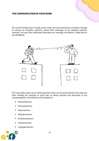 14
THE COMMUNICATION IN YOUR WORK
The communication put in simply words means the way (channel) you (senders) manage
to convey our thoughts, opinions, known facts (message) to our targeted audience
(receiver), the way they understand (decoding our message) and deliver a reply back to
you (feedback).
This cycle looks rather easy in theory but then there can be several barriers that stop you
from sending the message as you’d like, or being received and perceived as you
conceptualized it. Such barriers can be related to:
• Physical barriers;
• Personal barriers;
• Status barriers;
• Attitude barriers;
• Emotional barriers;
• Cultural barriers;
• Language barriers;
 