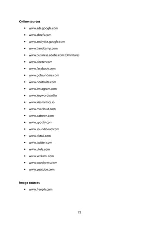 72
Online sources
• www.ads.google.com
• www.ahrefs.com
• www.analytics.google.com
• www.bandcamp.com
• www.business.adobe.com (Omniture)
• www.deezer.com
• www.facebook.com
• www.gofoundme.com
• www.hootsuite.com
• www.instagram.com
• www.keywordtool.io
• www.kissmetrics.io
• www.mixcloud.com
• www.patreon.com
• www.spotify.com
• www.soundcloud.com
• www.tiktok.com
• www.twitter.com
• www.ulule.com
• www.verkami.com
• www.wordpress.com
• www.youtube.com
Image sources
• www.freepik.com
 