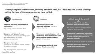 17
In many categories the consumer, driven by pandemic need, has "devoured" the brands' offerings,
making the most of them or even leaving them behind.
Categories with supply that was ahead of
the consumer.
The consumer "devours" the
supply-side advantage, "matches" it
and even "burns" it.
Categories with "balanced" supply
(moving at the pace of consumer change, albeit
with players pushing the market):
Eg: ecommerce, e-health.
The consumer rewards the players with
an advantage, those who manage to avoid
service failure or respond to the new
need. Ex: Amazon, Savia
Increased willingness to assimilate
innovation or use second/new brands
E.g.: Disney+ or Amazon Prime growth after
"devouring" Netflix catalogue
Consolidation of applications, conversion of
the most innovative players into the category
standard and willingness/capacity to
assimilate innovation
Categories in paralysis
(frozen in the pre-pandemic moment, "waiting"
for a return to the past).
E.g.: shopping centres, restaurants, gyms
The experience is identical, or worse
(because of health constraints).
Perception of "poverty", continuity, no
change. Sense of deterioration.
Pre-pandemic Attitude towards the current
offer
E.g.: banking, audiovisual content, Bizum
Pandemic
Trends Review. Eight lessons from the pandemic year
If there is one thing we have done, it is to learn.
 