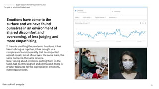 26
Emotions have come to the
surface and we have found
ourselves in an environment of
shared discomfort and
overcoming, of less judging and
more empathising.
If there is one thing the pandemic has done, it has
been to bring us together, it has brought us a
complex and common reality that has impacted
almost equally on all of our lives: the same fears, the
same concerns, the same desires.
Now, talking about emotions, putting them on the
table, has become aligned and normalised. There is
greater tolerance for the expression of emotions,
even negative ones.
Trends Review. Eight lessons from the pandemic year
The year of emotional nakedness.
 