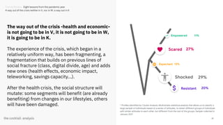 47
The way out of the crisis -health and economic-
is not going to be in V, it is not going to be in W,
it is going to be in K.
The experience of the crisis, which began in a
relatively uniform way, has been fragmenting, a
fragmentation that builds on previous lines of
social fracture (class, digital divide, age) and adds
new ones (health effects, economic impact,
teleworking, savings capacity...).
After the health crisis, the social structure will
mutate: some segments will benefit (are already
benefiting) from changes in our lifestyles, others
will have been damaged.
Empowered
Scared
Expectant
Shocked
Resistant
* Profiles identified by Cluster Analysis: Multivariate statistical analysis that allows us to classify a
large sample of individuals based on a series of attitudes, to obtain different groups of individuals
with similar attitudes to each other, but different from the rest of the groups. Sample collected in
January 2021
11%
27%
13%
29%
20%
Trends Review. Eight lessons from the pandemic year
A way out of the crisis neither in V, nor in W: a way out in K
 