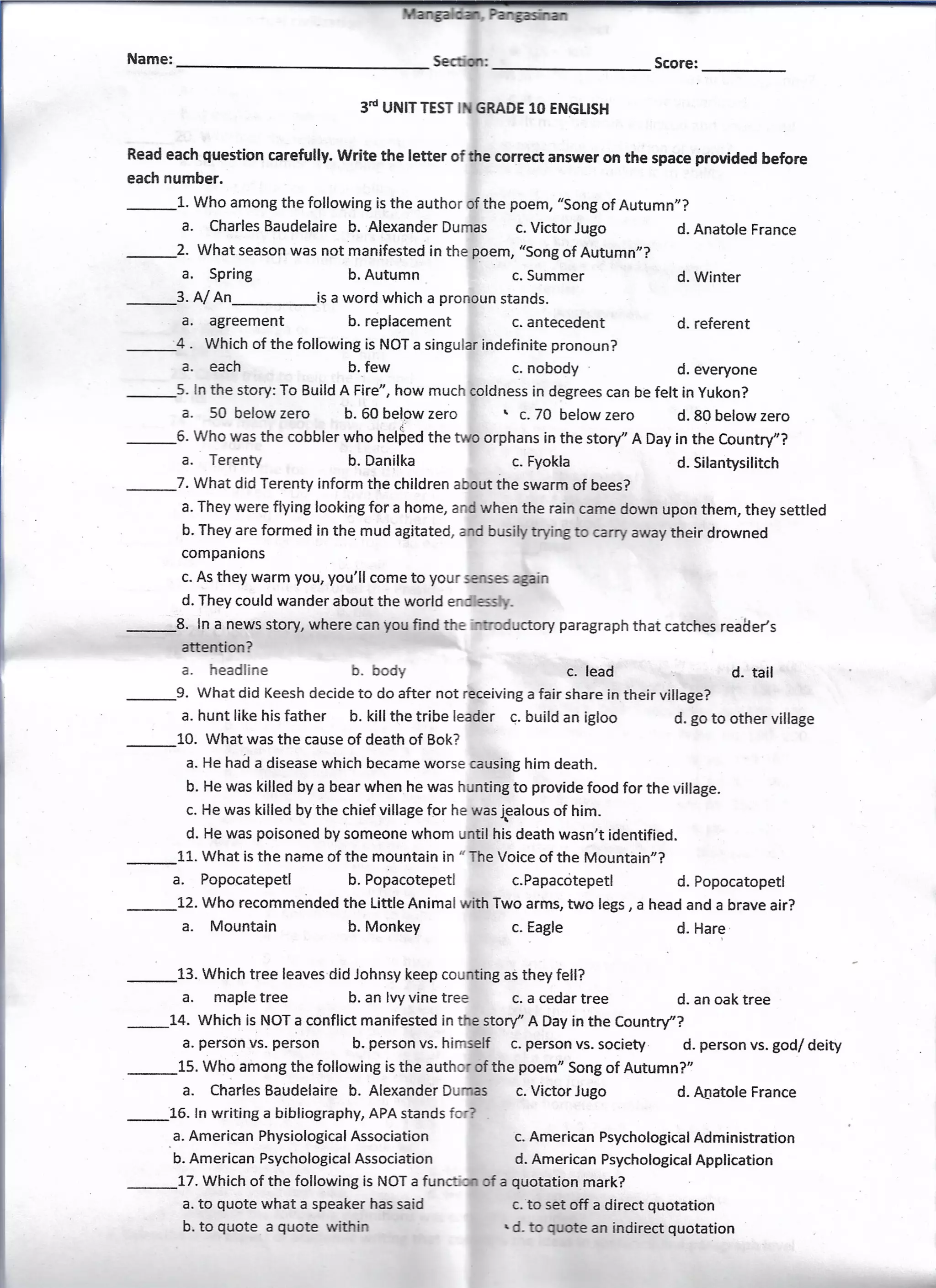 GRADE 10 UNIT TEST ENGLISH 3RD QUARTER | PDF