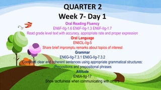 QUARTER 2
Week 7- Day 1
Oral Reading Fluency
EN6F-IIg-1.6 EN6F-IIg-1.3 EN6F-IIg-1.7
Read grade level text with accuracy, appropriate rate and proper expression
Oral Language
EN6OL-IIg-5
Share brief impromptu remarks about topics of interest
Grammar
EN6G-IIg-7.3.1 EN6G-IIg-7.3.2
Compose clear and coherent sentences using appropriate grammatical structures:
-Prepositions and prepositional phrases
Attitude
EN6A-IIg-17
Show tactfulness when communicating with others
 