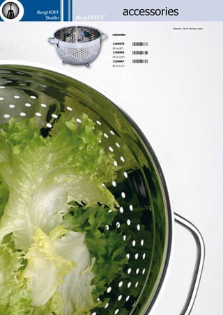 BergHOFF
Studio
175
1x wine cover	
1x waiter’s knife	
1x bottle coaster	
1x wine ring	
1x thermometer	
+ case	 27 x 19.3 x 3.2 cm 	
	 (10 3/4” x 7 1/2” x 1 1/4”)
Body: 18/10 stainless steel
5-pc wine set
2002209
1x whisk	 20.5 cm (8”)
1x whisk	 25.5 cm (10”)
1x whisk	 30 cm (12”)
Body: 18/10 stainless steel
3-pc whisk set
1105512
Heat-resistant up to 400 °C (750 °F) - Won’t
scratch your cookware!
silicon whisk
1105505
23 cm (9”)
juicer
1106151
lemon squeezer
1106168
13 cm x 6.4 cm (5” x 2 1/2”)
olive dish
1108582
15 cm (6”)
napkin holder
1108421
10.5 cm x 9.3 cm (4” x 3 3/4”)
 