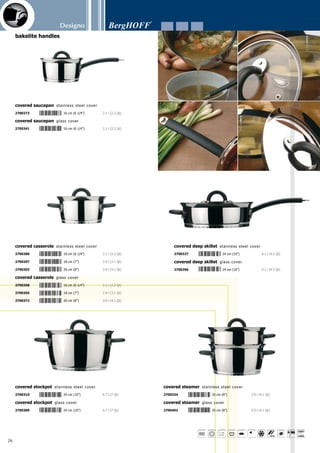 Designo
27
1x saucepan	 Ø 16 cm (6 1/4”) - 2.1 l (2.2 Qt)
1x covered casserole	 Ø 16 cm (6 1/4”) - 2.1 l (2.2 Qt)
1x covered casserole	 Ø 18 cm (7”) - 2.9 l (3.1 Qt)
1x covered casserole	 Ø 20 cm (8”) - 3.9 l (4.1 Qt)
1x covered stockpot	 Ø 24 cm (10”) - 6.7 l (7 Qt)
1x covered deep skillet	 Ø 24 cm (10”) - 4.1 l (4.3 Qt)
1x steam basket	 Ø 20 cm (8”)
Designo
12-pc cookware set
stainless steel cover
2700020
1x covered saucepan	 Ø 16 cm (6 1/4”) - 2.1 l (2.2 Qt)
1x covered casserole	 Ø 16 cm (6 1/4”) - 2.1 l (2.2 Qt)
1x covered casserole	 Ø 20 cm (8”) - 3.9 l (4.1 Qt)
1x covered stockpot	 Ø 24 cm (10”) - 6.7 l (7 Qt)
1x covered deep skillet	 Ø 24 cm (10”) - 4.1 l (4.3 Qt)
1x stainless steel bowl with vacuum lid	 Ø 20 cm (8”) - 2.5 l (2.6 Qt)
1x steam basket	 Ø 20 cm (8”)
1x suction knob	
2x mat	
Body: 18/10 stainless steel - In- and outside finish: mirror - Wall thickness: 0.8 mm for body 
cover - Revolutionary 6-layer sandwich base (pat. n°: PCT/BE01/00194) for fast and energy-saving
cooking - Black bakelite handles  knob - Stainless steel cover - Packed in a coloured gift box
Designo
16-pc cookware set
stainless steel cover
2700037
2700426	 30 cm (12”)	 5.1 l (5.4 Qt)
covered wok stainless steel cover
2700433	 30 cm (12”)	 5.1 l (5.4 Qt)
covered wok glass cover
2700105	 20 cm (8”)	 1 l (1.1 Qt)
frying pan
2700112	 24 cm (10”)	 1.6 l (1.7 Qt)
2700129	 28 cm (11”)	 2.4 l (2.5 Qt)
bakelite handles
 