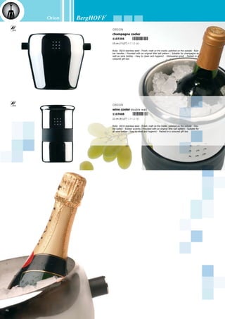 Orion
47
Orion
travel mug
1107172
0.5 l (0.5 Qt)
Body: 18/10 stainless steel - Finish: matt - The inside is
made of PP (Polypropylene) - Double-walled - Rubber
accents - A rubber underside serving as an anti-skid
layer (more stability) - Provided with an original little
ball pattern - Extremely light - Fits almost every car cup
holder - Packed in a coloured gift box
Orion
travel thermos
1107141
0.5 l (0.5 Qt)
1107158
0.75 l (0.8 Qt)
1107165
1 l (1.1 Qt)
Body: 18/10 stainless steel - In- and outside finish: matt
- Stainless steel inside (so the bottle can’t break when it
falls) - Double-walled - Rubber accents - Provided with an
original little ball pattern - Locks well, reducing the chance
of leaking - Handy drinking cup with rubber underside serv-
ing as an anti-skid layer and avoiding the cup from falling
down - Packed in a coloured gift box
Orion
apron
2002445
Fabric: 100% cotton - Colour: blue or with
Orion stripes - Size: unisex
Orion
2-pc digital kitchen scale white
2003282
1x electronic kitchen scale	
1x bowl	 18 cm (7”) 2.5 l (2.6 Qt)
Material body: White plastic, Plate: Stainless steel, Bowl: transparant plastic
- Max weight: 5kg/11lb (division: 2g/0,1oz) - power: 1x 9v battery (not
included)
Orion
oven mitt
2002421
Fabric: 100% cotton on the outside, 100%
polyester on the inside - Colour: blue or with
Orion stripes - Size: unisex - Right handed
Orion
food flask
1101439
16,5 x 14,5 cm (6 1/2” x 5 3/4”) 1 l (1.1 Qt)
Materials used for the food flask: silicone, 18/10 stain-
less steel, PP (Polypropylene) - Finishing inside: electro-
ananlysis - Finish: matt - Provided with an original little
ball pattern - Wide neck opening allows you to eat from
the flask. Ideal way to transport food or drinks to work
or on picnics.
5 4 1 3 8 2 2 0 0 3 2 8 2
 