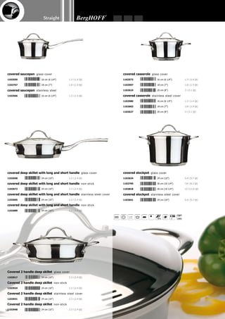 Straight
57
1101163	 20 cm (8”)	 1.3 l (1.4 Qt)
frying pan
1101187	 24 cm (10”)	 1.9 l (2 Qt)
1101200	 28 cm (11”)	 3.2 l (3.3 Qt)
1101170	 20 cm (8”)	 1.3 l (1.4 Qt)
frying pan non-stick
1101194	 24 cm (10”)	 1.9 l (2 Qt)
1101217	 28 cm (11”)	 3.2 l (3.3 Qt)
1101224	 32 cm (12 1/2”)	 5.4 l (5.7 Qt)
covered wok glass cover
1101248	 32 cm (12 1/2”)	 5.4 l (5.7 Qt)
covered wok stainless steel cover
 