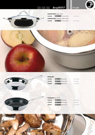 Straight
58
1x saucepan	 Ø 16 cm (6 1/4”) - 1.3 l (1.4 Qt)
1x covered casserole	 Ø 16 cm (6 1/4”) - 1.3 l (1.4 Qt)
1x covered casserole	 Ø 18 cm (7”) - 1.8 l (1.9 Qt)
1x covered casserole	 Ø 20 cm (8”) - 3 l (3.1 Qt)
1x covered stockpot	 Ø 24 cm (10”) - 5.4 l (5.7 Qt)
1x covered deep skillet	 Ø 24 cm (10”) - 2.3 l (2.4 Qt)
1x steam basket	 Ø 20 cm (8”)
Body: 18/10 stainless steel - In- and outside finish: mirror - Practical pouring rim - Revolutionary
6-layer sandwich base (pat. n°: PCT/BE01/00194) for fast and energy-saving cooking - Ergonomic
handles for a firm and safe grip - Glass cover with vent, decreasing the pressure and reducing the
chance of boiling over - The handy steam basket can also be used as a strainer. By piling the steam
basket and the casserole, one on top of the other, you can simultaneously prepare different meals
(for example potatoes and vegetables). You also just need one hot plate, saving energy. In addi-
tion, you have less pots and pans to clean (you gain time!) and you need less detergent (you save
money!) - Original tulip shape - Suitable for all heat sources - Packed in a coloured gift box
Tulip
12-pc cookware set
glass cover
1112282
 