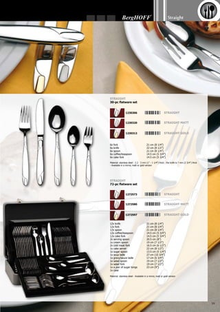 Straight
60
1x salt mill	 18.5 cm (7 1/4”)
1x pepper mill	 18.5 cm (7 1/4”)
Body: 18/10 Stainless steel
Twin
salt  pepper set
1106182
1x bottle-opener	 11.2 cm (6 3/4”)
1x peeler	 16.5 cm (6 1/2”)
1x tin opener	 19.3 cm (7 1/2”)
1x nutcracker	 19.3 cm (7 1/2”)
1x garlic press	 19.7 cm (7 3/4”)
1x corkscrew	 19.7 cm (7 3/4”)
+ stylish wooden stand	
Novo
7-pc kitchen and bar items set
1107738
1x bottle-opener	 18.8 cm (7 1/2”)
1x garlic press	 18.8 cm (7 1/2”)
1x tin opener	 21.6 cm (8 1/2”)
1x nutcracker	 21 cm (8 1/4”)
1x corkscrew	 21 cm (8 1/4”)
1x revolving rack	 30.5 cm (12”)
Body: 18/10 Stainless steel - Stylish hollow handle
Straight
6-pc kitchen and bar items set hollow handle
1107745
 