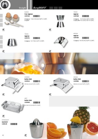 Straight
63
0.4 l (0.5 Qt)
Straight
creamer
1106021
Straight
covered sugar bowl
1106014
0.15 l (0.2 Qt)
Straight
cappuccino cup
1107080
0.15 l (0.2 Qt)
Straight
coffee cup
1107073
1x thermos	 1.1 l (1.2 Qt)
6x coffee cup  saucer	 0.15 l (0.2 Qt)
1x covered sugar bowl	 0.4 l (0.5 Qt)
1x creamer	 0.4 l (0.5 Qt)
1x serving tray	 45.5 x 43.5 x 2.5 cm (18” x 17” x 1”)
Finish: mirror - The creamer, covered sugar bowl and serving tray are also separately available - Mate-
rial tray: Cromotanium - This coffee set can be complemented by extra coffee cups and cappuccino
cups - Dishwasher-proof - Easy to clean and hygienic! - Packed in a coloured gift box
Straight
17-pc coffee set
1107097
0.4 l (0.5 Qt)
Straight
coffee mug
1110622
0.6 l (0.7 Qt) 5 4 1 3 8 2 1 1 1 0 6 2 2
 