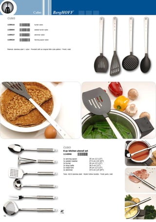 Cubo
97
Body: 18/10 stainless steel - Black bakelite handle - Finish: matt on the inside; polished on
the outside - Double-walled - Packed in a coloured gift box
Cubo
espresso cup  saucer
1109190
50 ml (0.2 cups / 1.7 oz)
Cubo
coffee/tea cup  saucer
1109350
180 ml (0.8 cups / 6.1 oz)
Cubo
coffee/tea cup  saucer
1109206
125 ml (0.5 cups/4.1 oz)
Cubo
coffee mug
1109367
320 ml (1.4 cups / 10.8 oz)
Cubo
coffee mug
1109213
200 ml (0.8 cups / 6.8 oz)
 