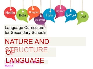 Language Curriculum
for Secondary Schools
NATURE AND
STRUCTURE
Jovy D. Elimanao – Mihm,
MAEd
OF
LANGUAGE
 